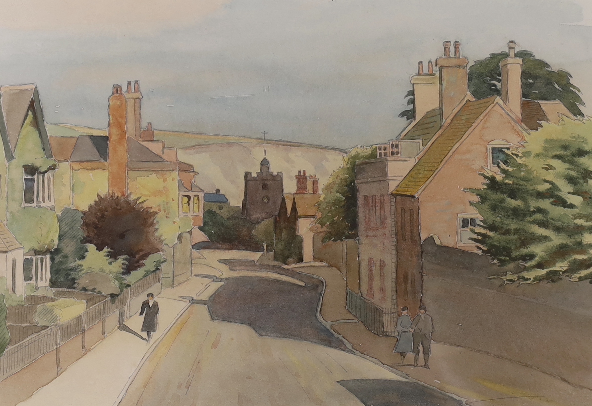 Donald Maxwell (b.1877) local interest watercolour, Lewes street scene, label verso, 30 x 20cm